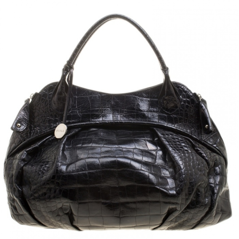 Furla Chocolate brown croc embossed leather handbag purse. Amazing condition